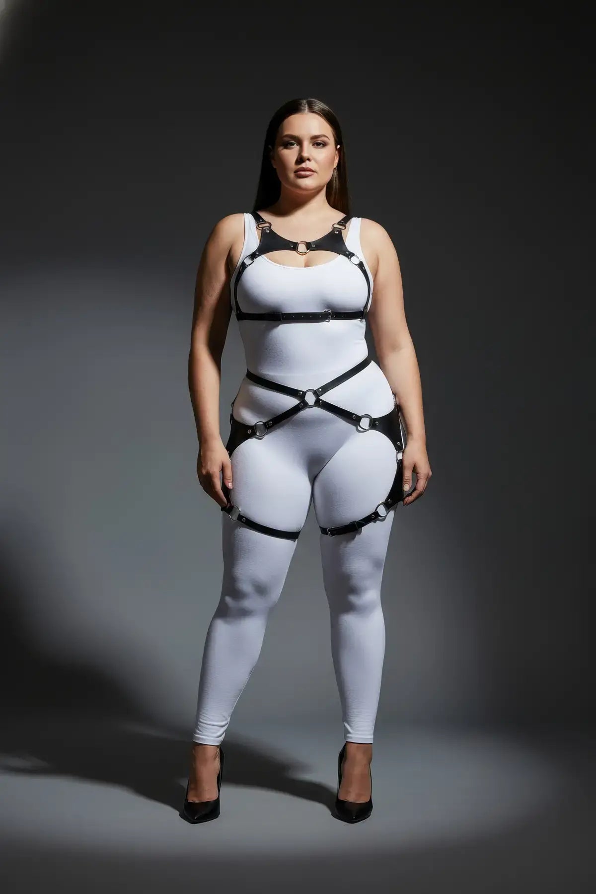 Shoulder yoke and butterfly thigh frame harness set in vegan leather, plus-size, black by HarnessClub