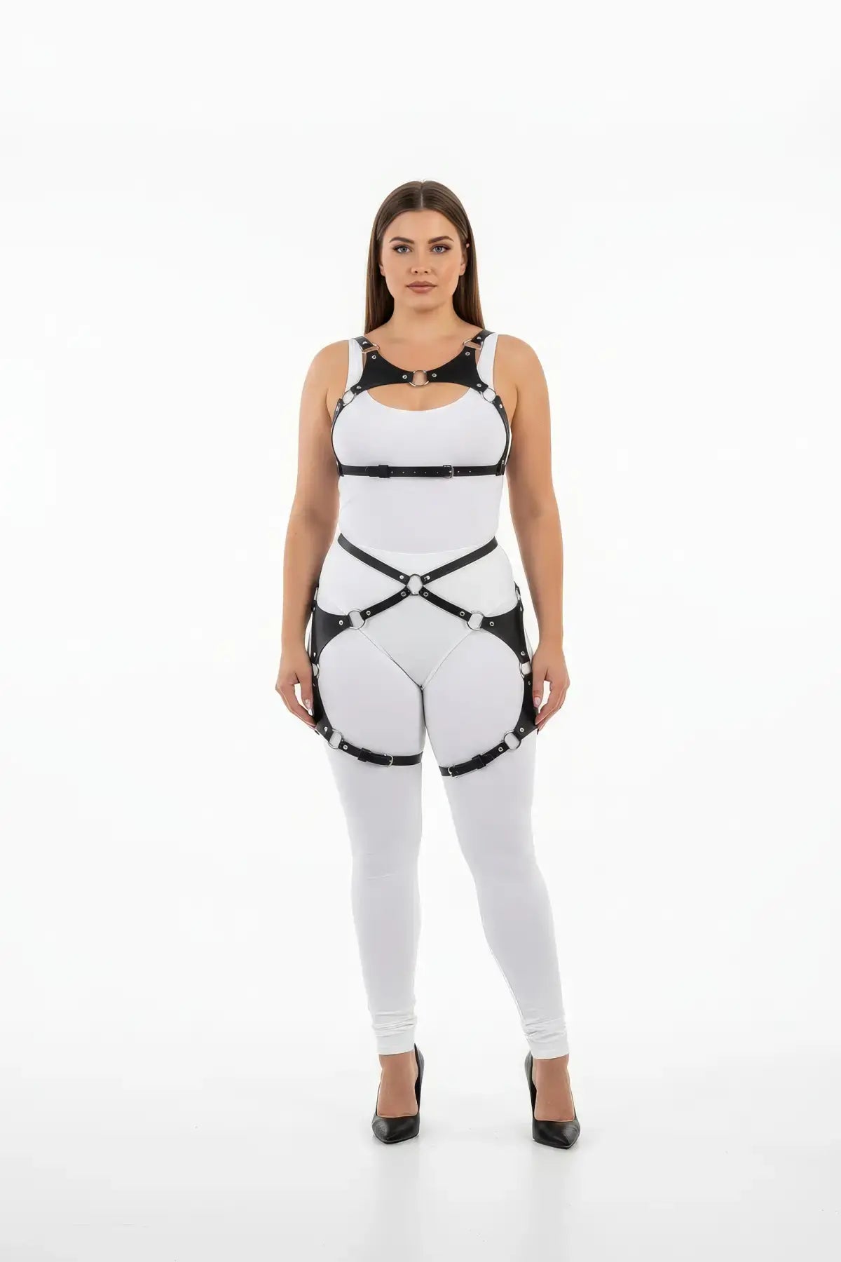 Plus Size Shoulder Yoke and Butterfly Thigh Frame Harness Set by HarnessClub in black vegan leather