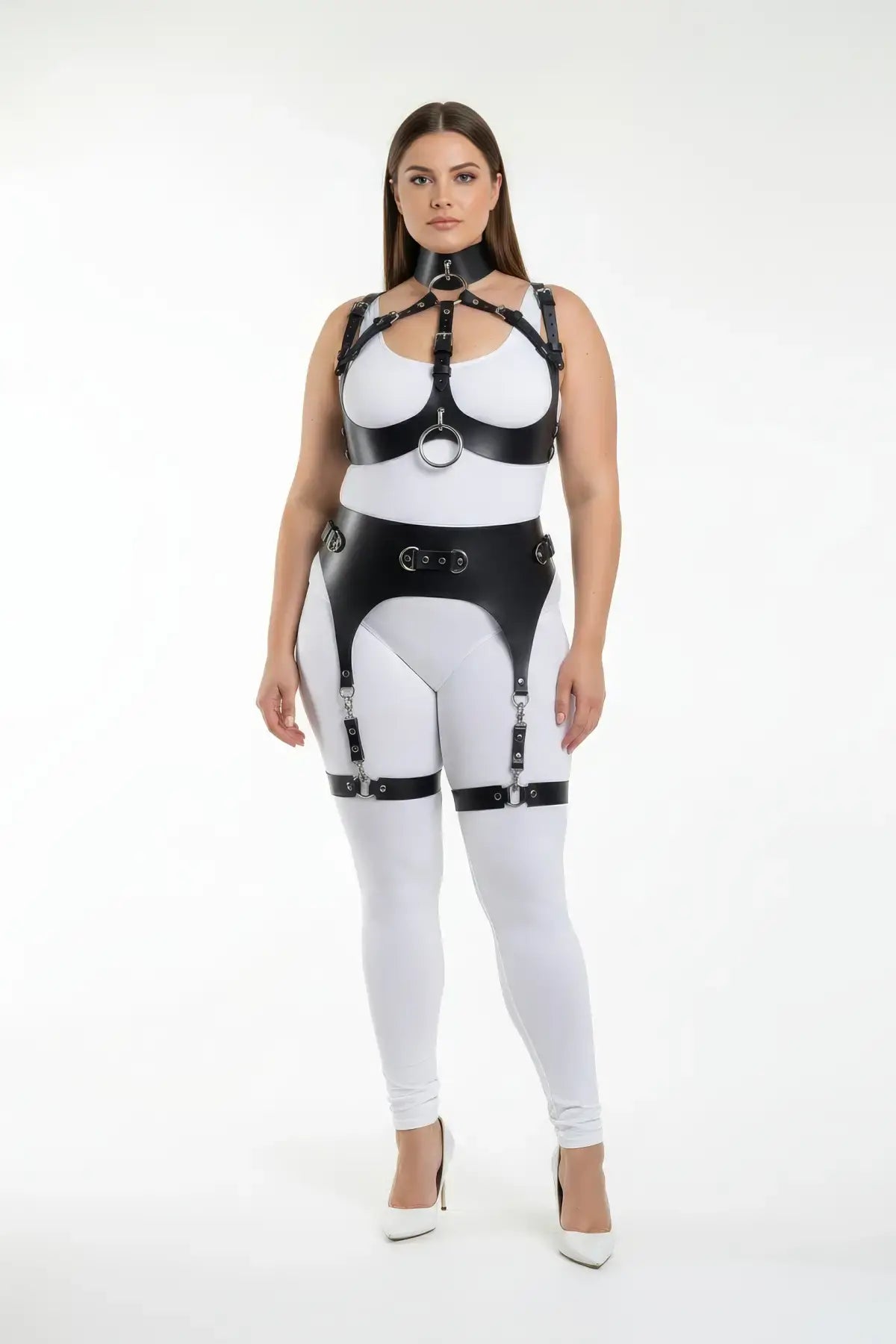 Plus-size structured body harness in black vegan leather with snap-hook garter straps