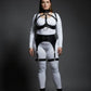 Plus-size structured body harness with snap-hook garter straps by HarnessClub in black vegan leather