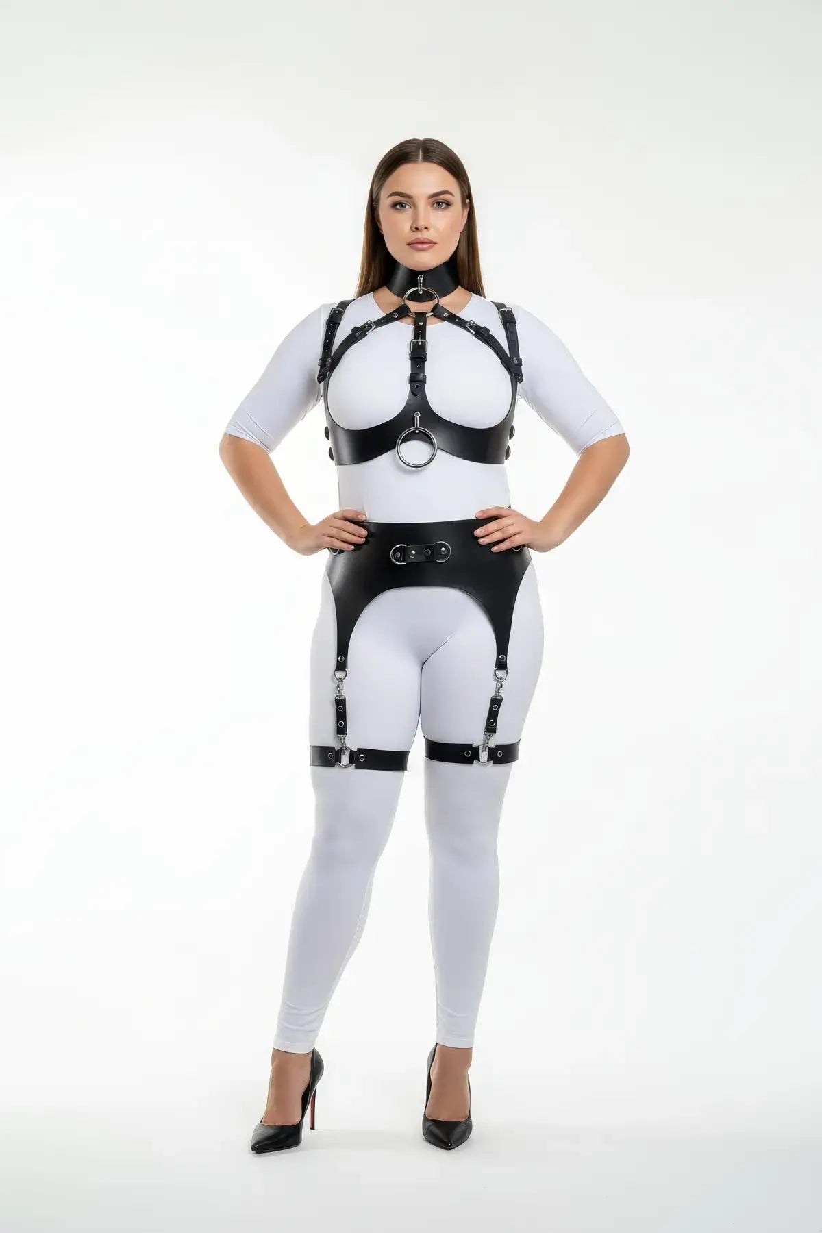 Black vegan leather plus-size structured body harness with snap-hook garter straps