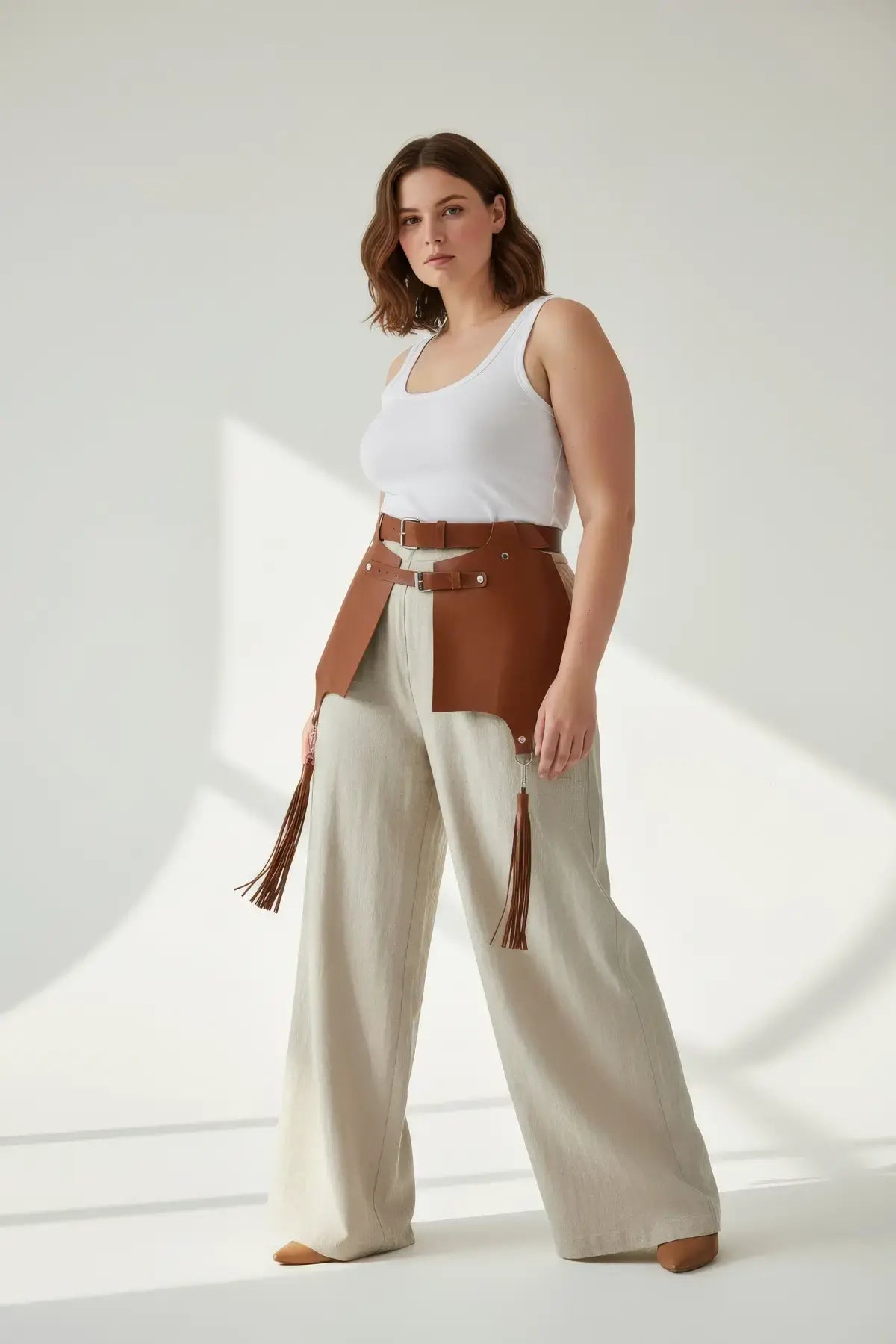 Plus-size tan leather corset and tassel-detail harness by HarnessClub, worn over a white tank.