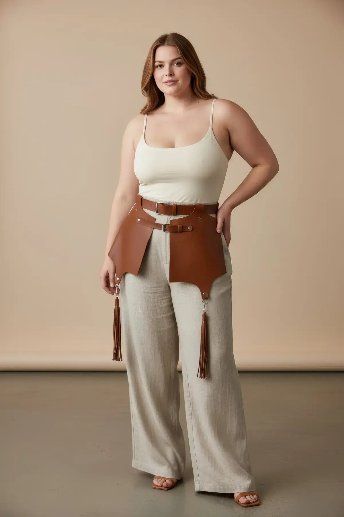 Plus-size tan leather corset-style harness with tassel fringe and buckled belts, HarnessClub