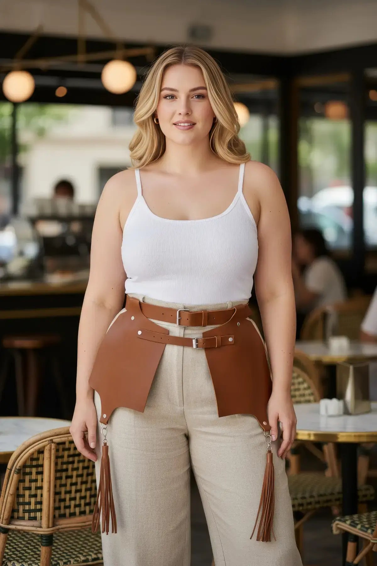 Plus-size tan corset and tassel-detail leather harness worn over a white tank top and beige pants.