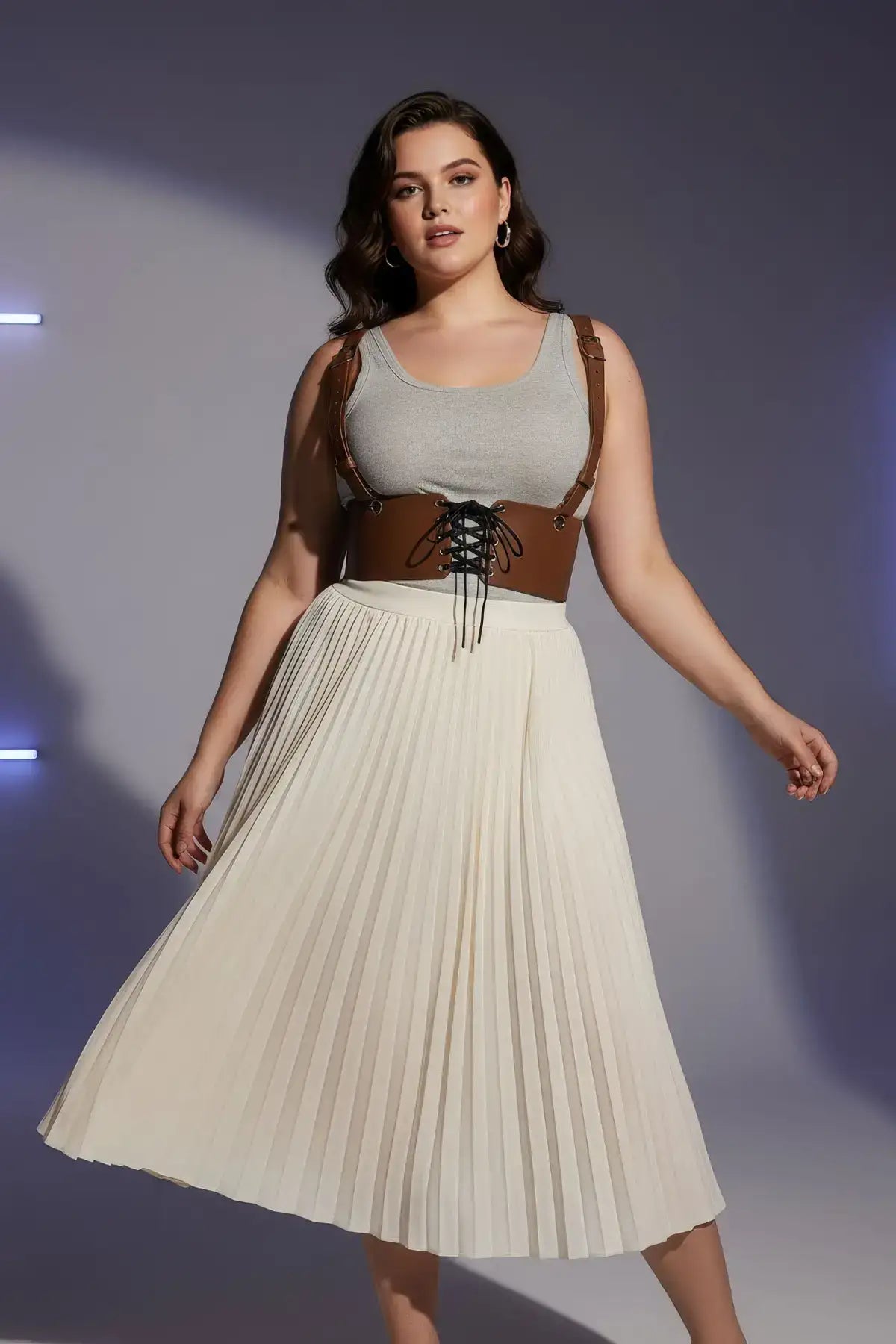 Plus-size tan leather corset harness with lace-up front and adjustable shoulder straps by HarnessClub