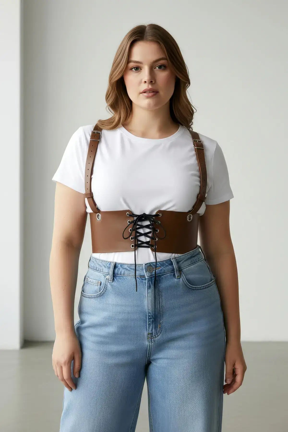HarnessClub Plus Size tan corset harness with lace-up front and shoulder straps worn over a white tee