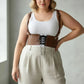 Plus Size Tan Corset Harness with Lace-Up Detail by HarnessClub; lace-up front, wide shoulder straps, faux leather