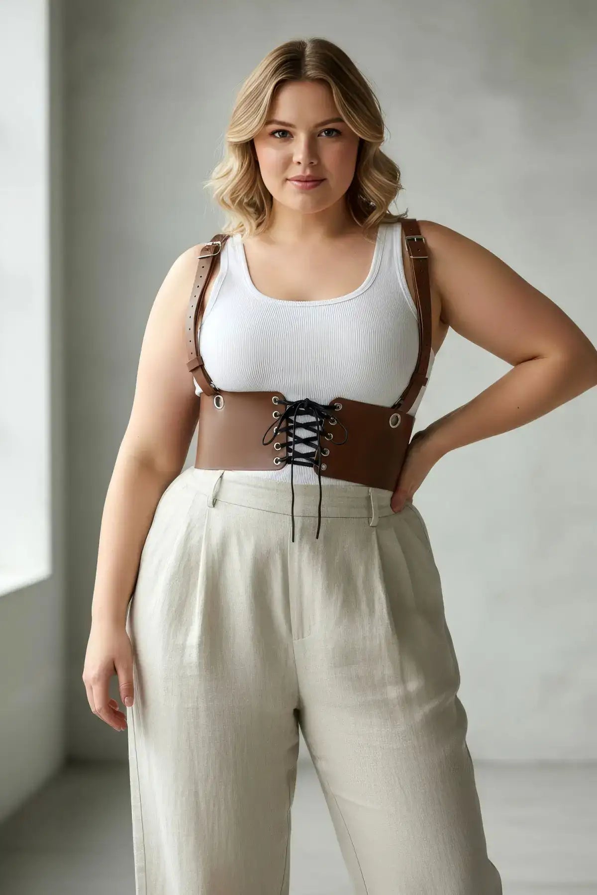 Plus Size Tan Corset Harness with Lace-Up Detail by HarnessClub; lace-up front, wide shoulder straps, faux leather