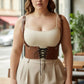 Plus-size tan corset harness with lace-up front and shoulder straps