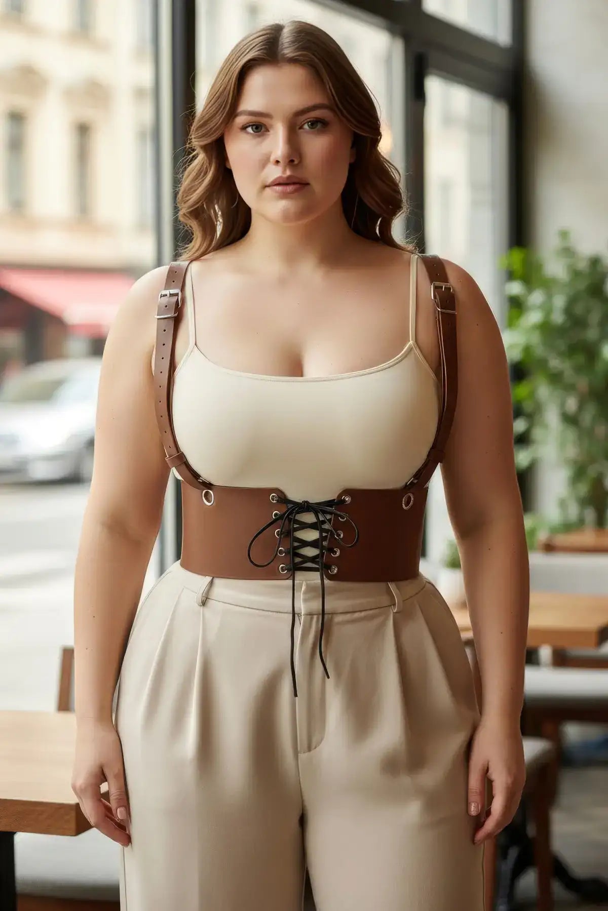 Plus-size tan corset harness with lace-up front and shoulder straps