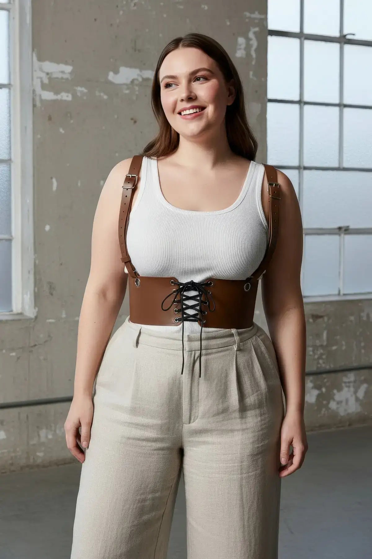 Plus-size tan corset harness with lace-up front and shoulder straps by HarnessClub.