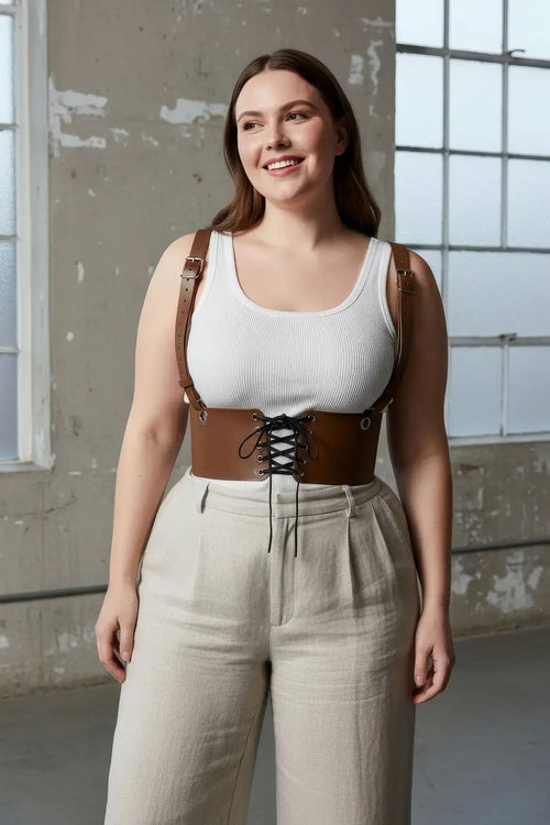 Plus-size tan corset harness with lace-up front and shoulder straps by HarnessClub.