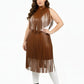 Plus-size tan vegan leather fringe capelet with belted long skirt, 2-piece set