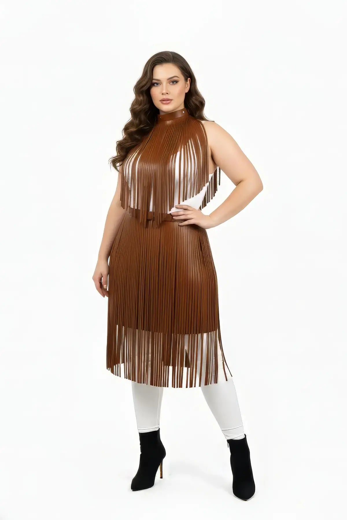 Plus-size tan vegan leather fringe capelet with belted long skirt, 2-piece set
