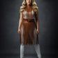 HarnessClub Plus Size Tan Fringe Capelet & Belted Long Skirt set in caramel vegan leather.