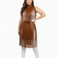 Plus-size tan vegan leather fringe capelet and belted long skirt set with two-tier fringe