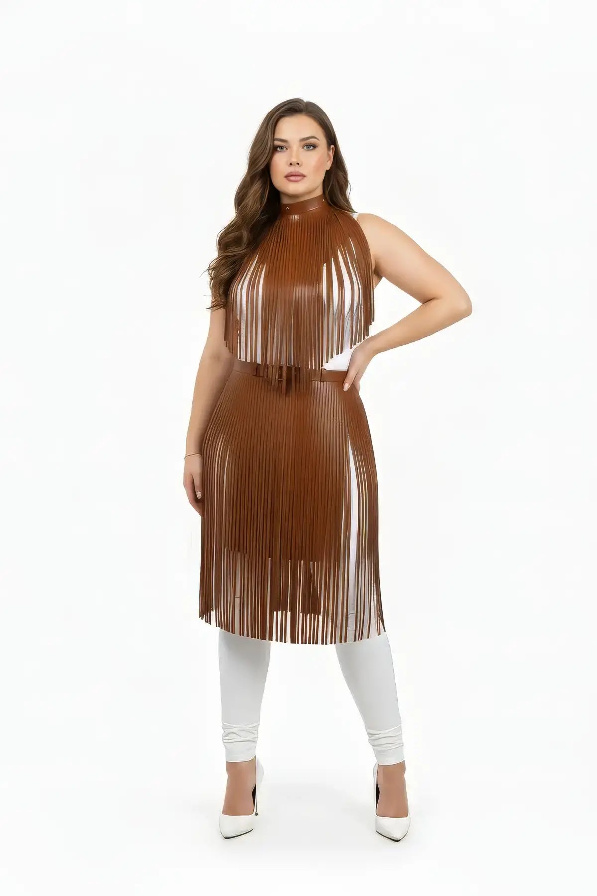 Plus-size tan vegan leather fringe capelet and belted long skirt set with two-tier fringe