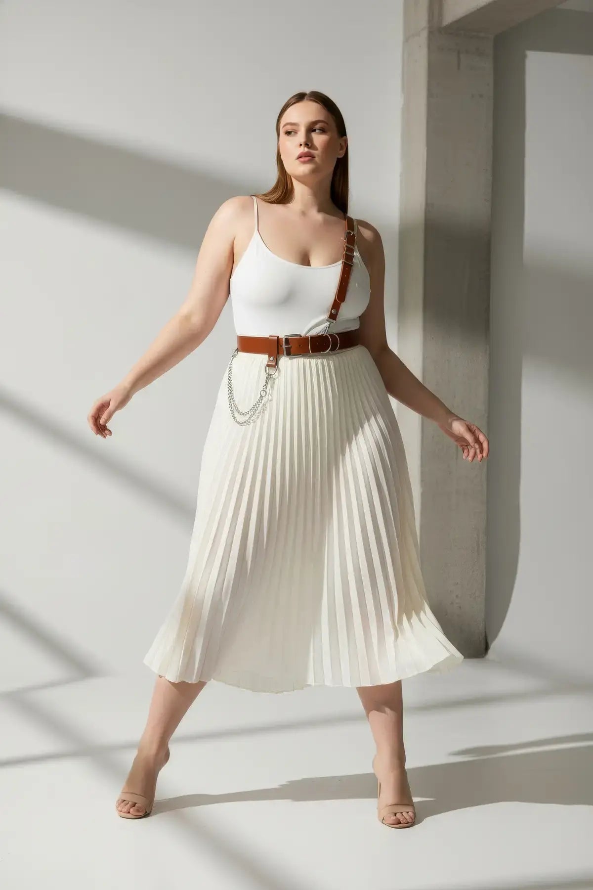 Plus-size tan genuine leather shoulder-strap harness belt with chain detail by HarnessClub.