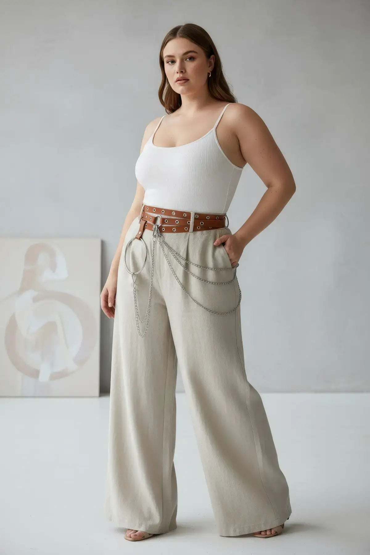 Plus-size tan vegan leather grommet belt with o-ring and chain detail by HarnessClub