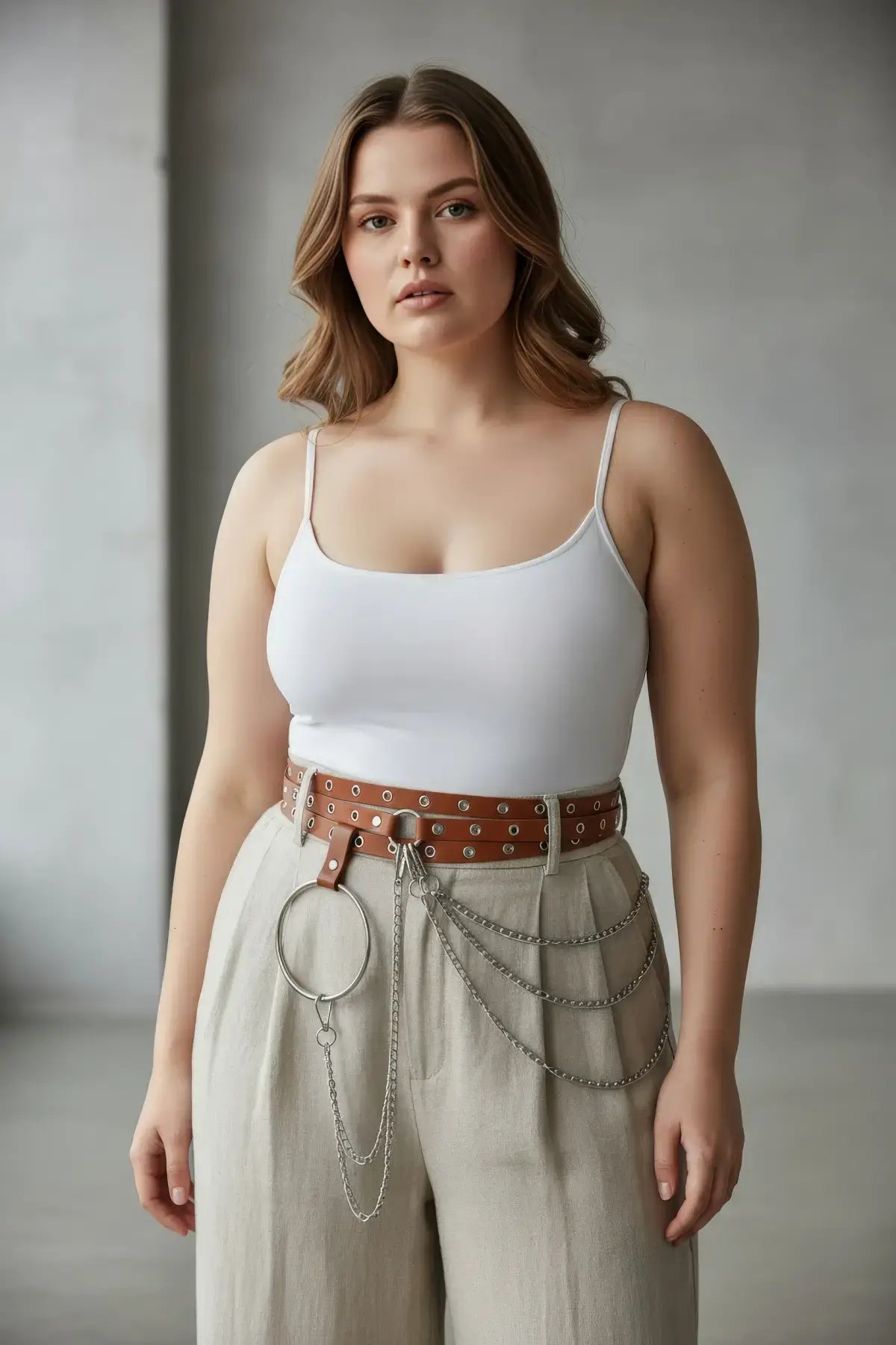 Plus Size Tan Grommet Belt with O-Ring and Chain Detail by HarnessClub, vegan leather