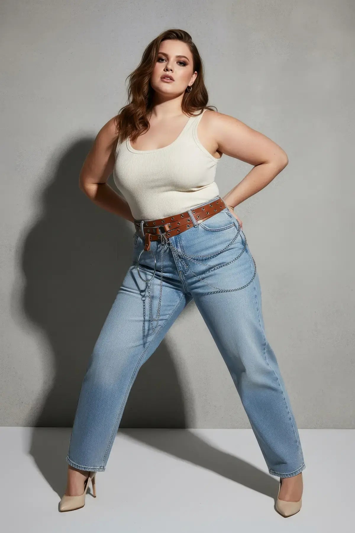 Plus-size HarnessClub tan vegan leather grommet belt with O-ring and chain detail worn at waist over jeans