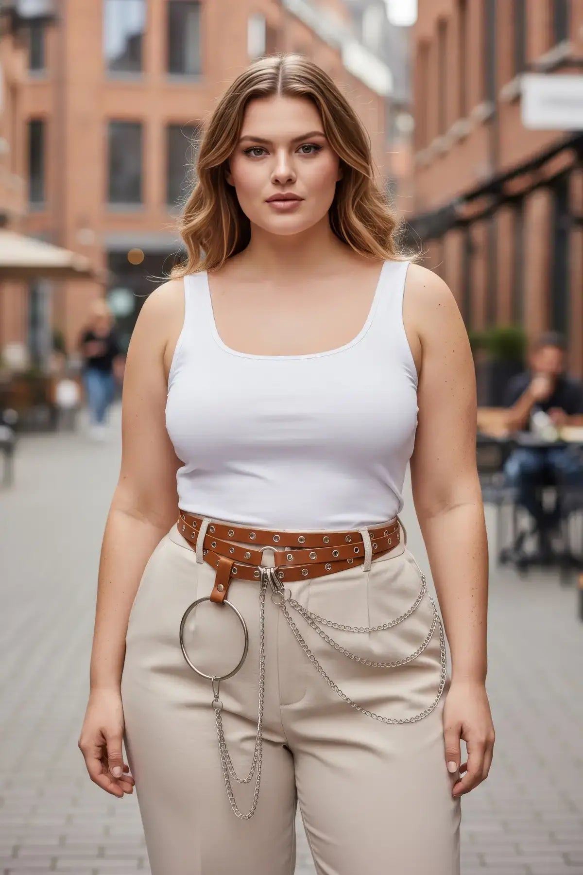 Plus Size Tan Grommet Belt with O-Ring and Chain Detail by HarnessClub in vegan leather