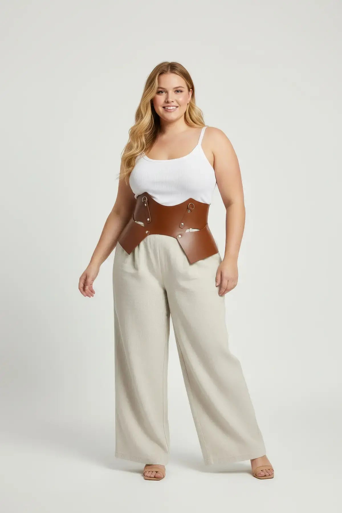 Plus-size tan lace-up corset belt in vegan leather worn as a structured waist harness over a white top