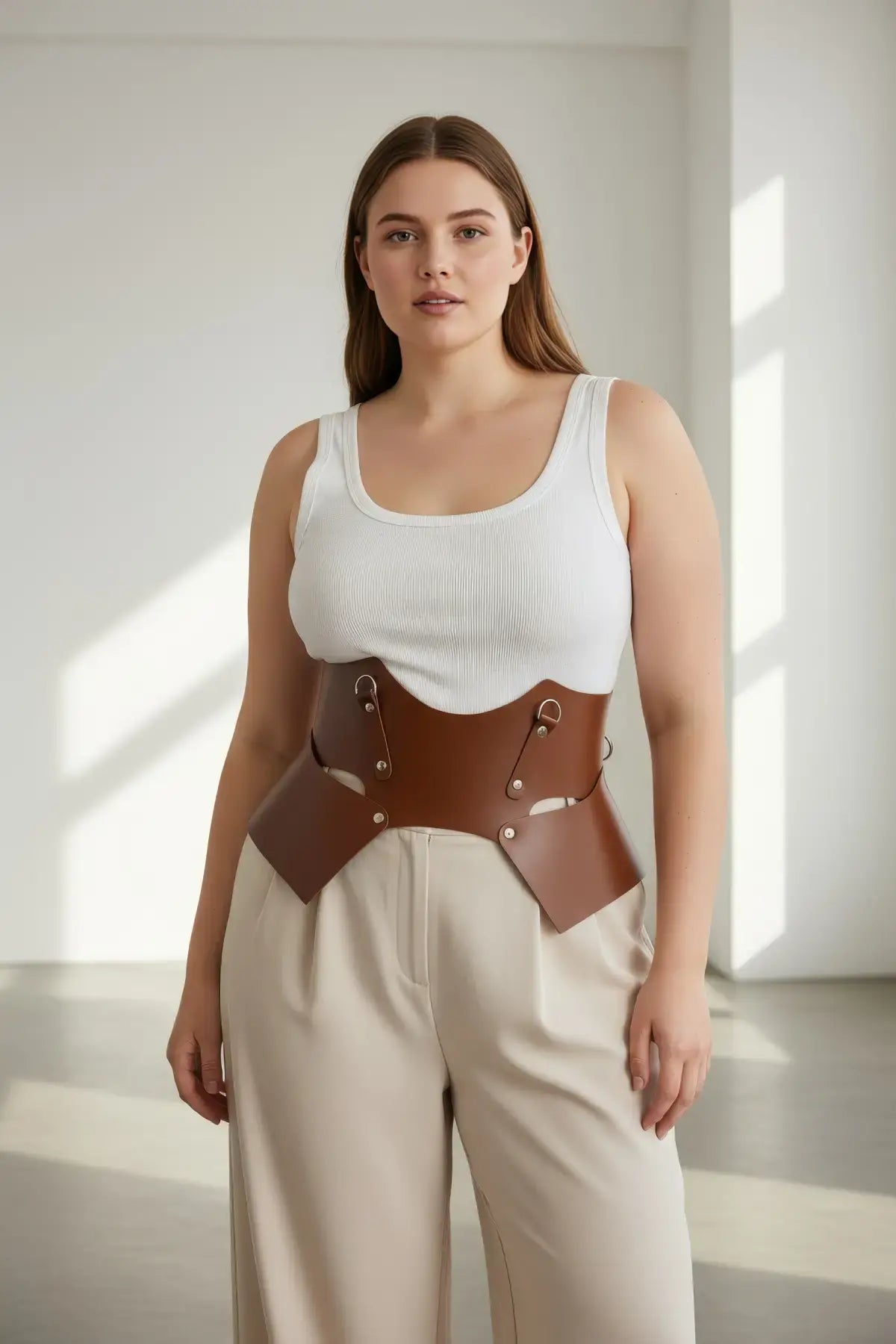 Plus-size tan lace-up corset belt by HarnessClub, vegan leather waist harness.