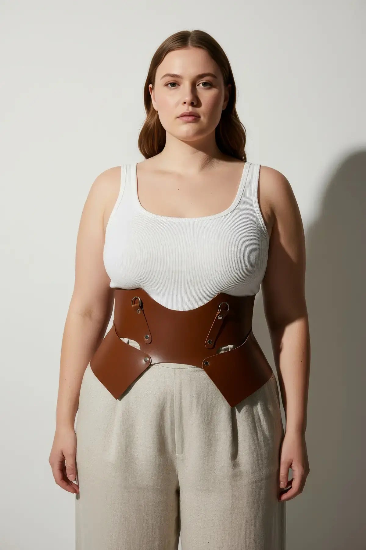 Plus Size Tan Lace-Up Corset Belt in vegan leather waist harness