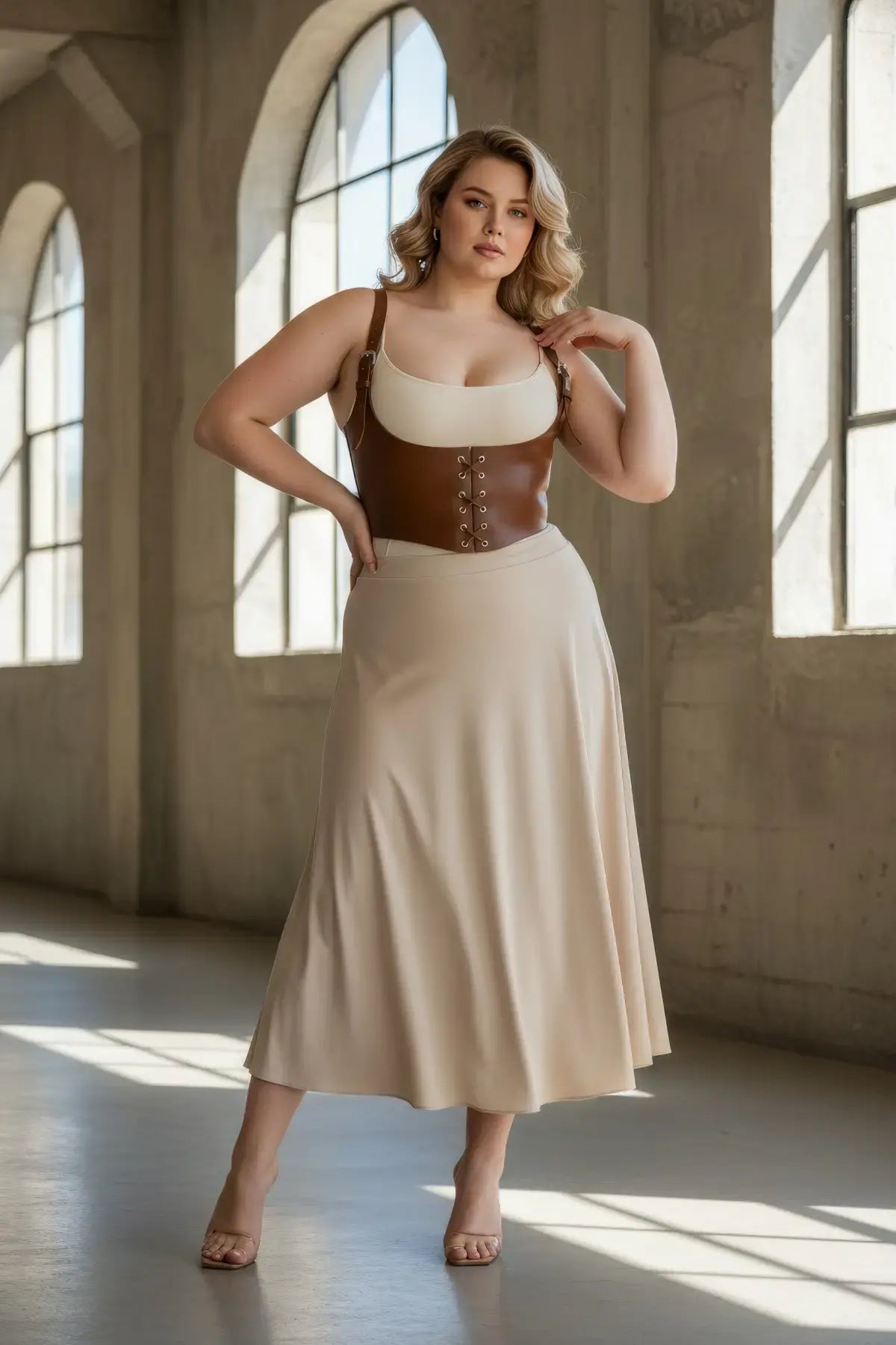 Plus-size tan vegan leather lace-up corset harness with shoulder straps