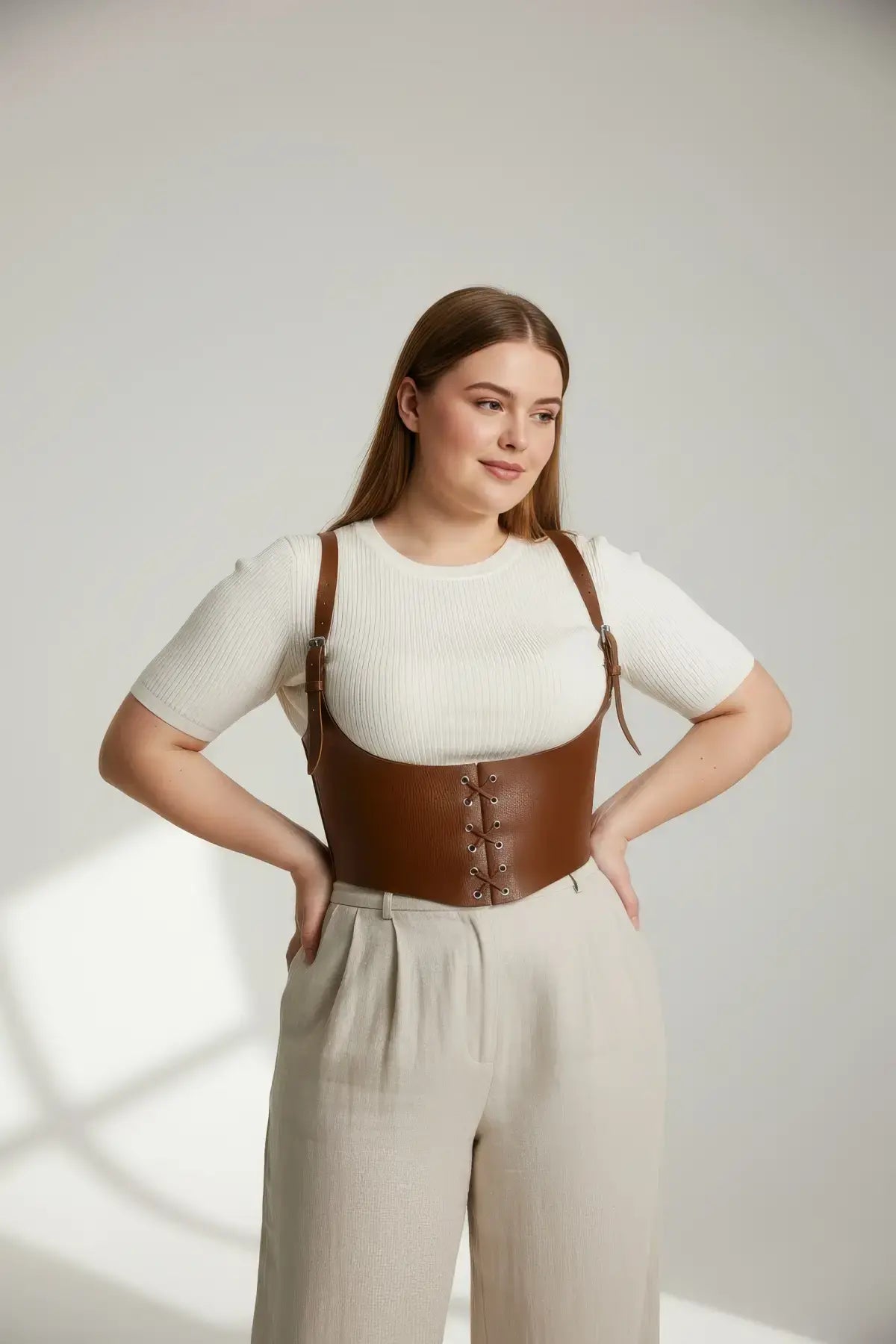 Plus-size tan vegan leather lace-up corset harness with shoulder straps.