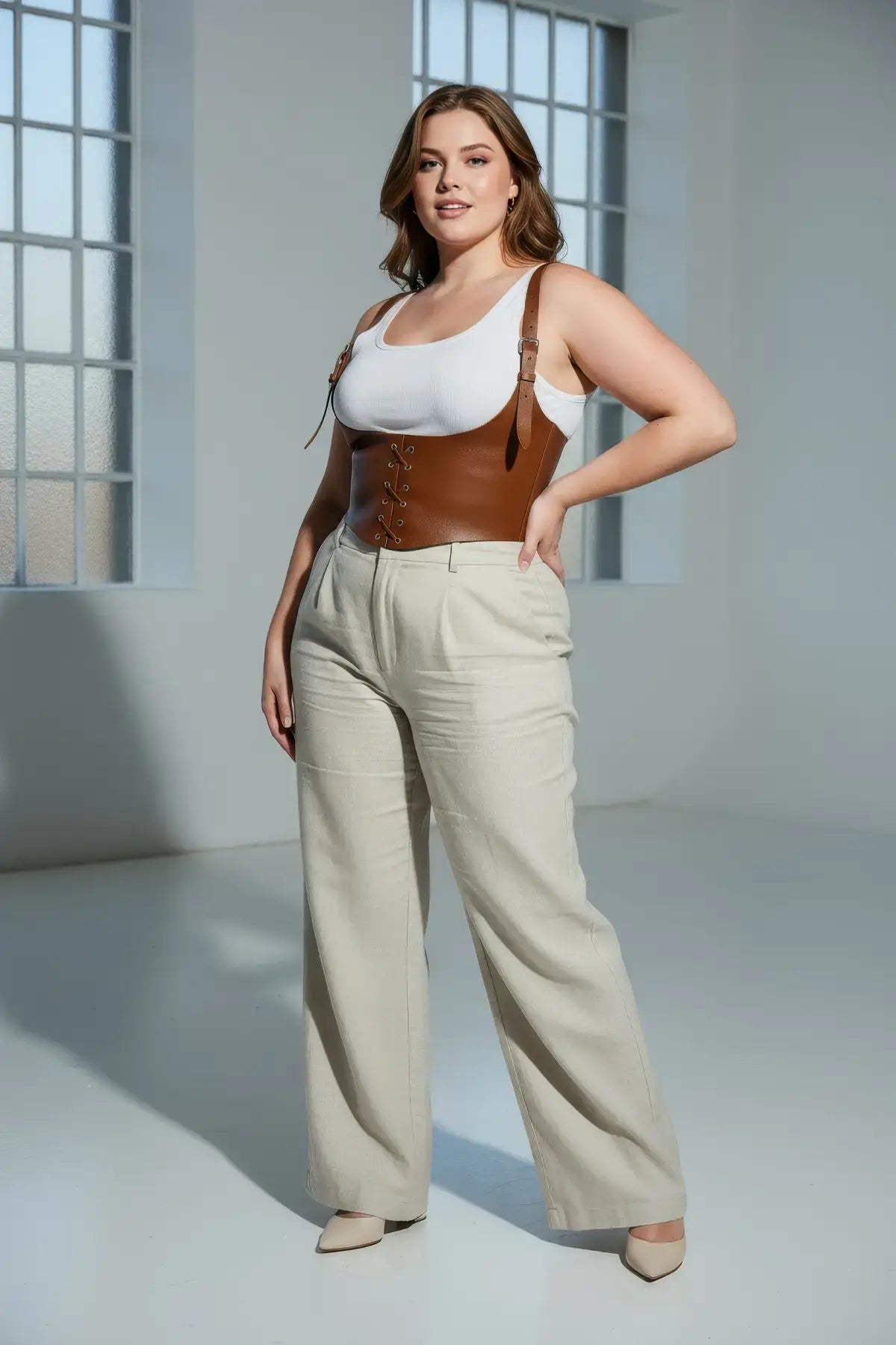 Plus-size tan vegan-leather lace-up corset harness with shoulder straps worn over a white tank top