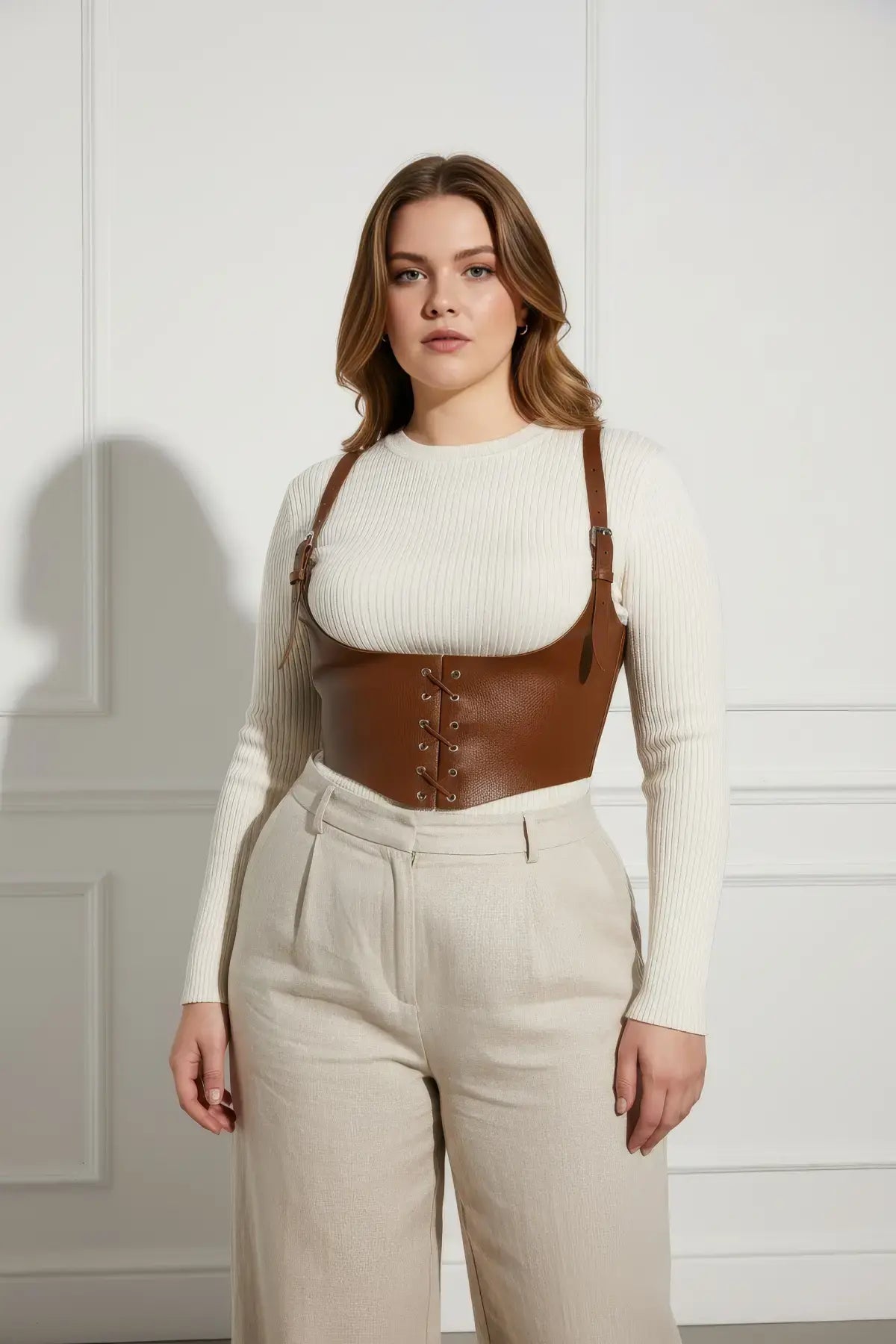 Plus-size tan vegan leather lace-up corset harness with shoulder straps worn over a white ribbed sweater