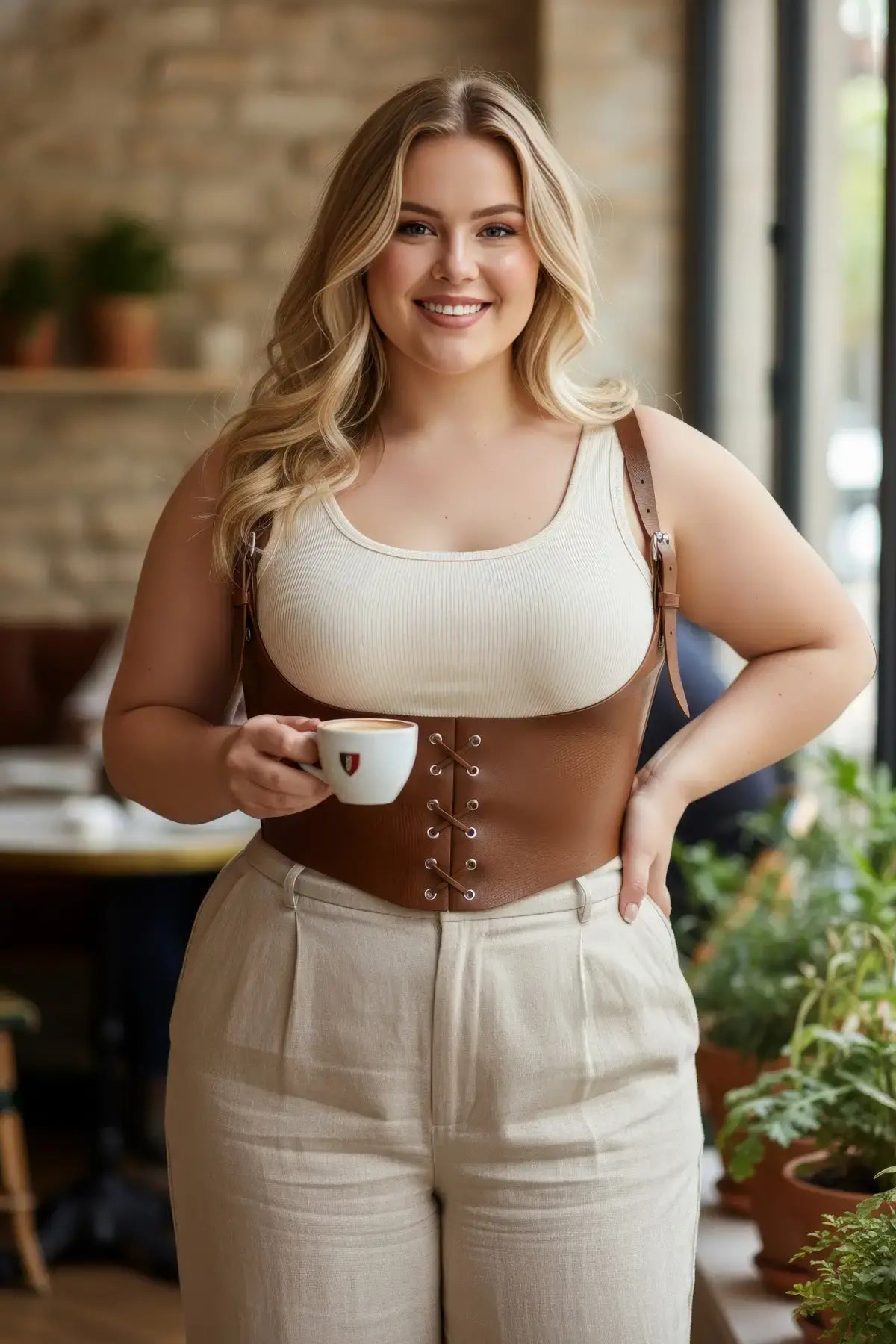 Plus-size tan vegan-leather lace-up corset harness with shoulder straps worn over a cream top