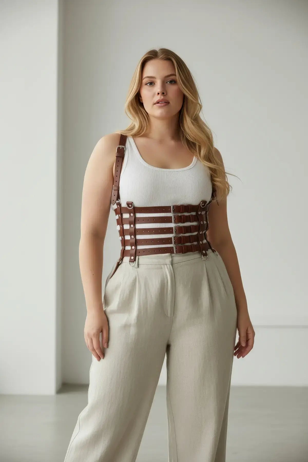 Plus Size Tan Multi-Strap Corset Body Harness in vegan leather by HarnessClub
