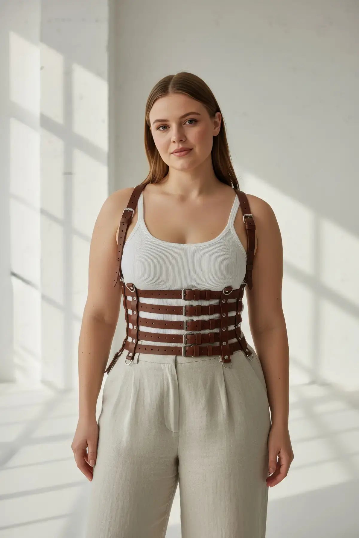 Plus Size Tan Multi-Strap Corset Body Harness in vegan leather