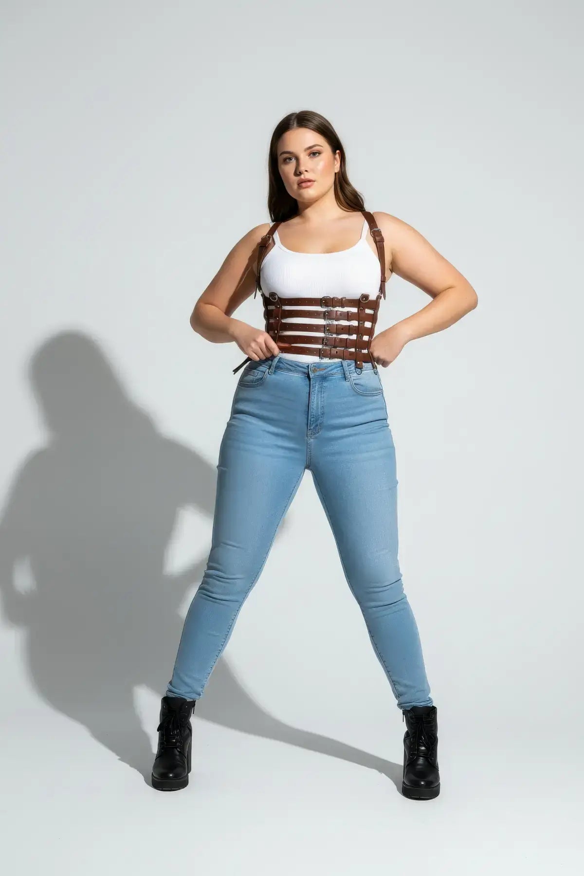 Plus-size tan multi-strap corset body harness, vegan leather by HarnessClub.