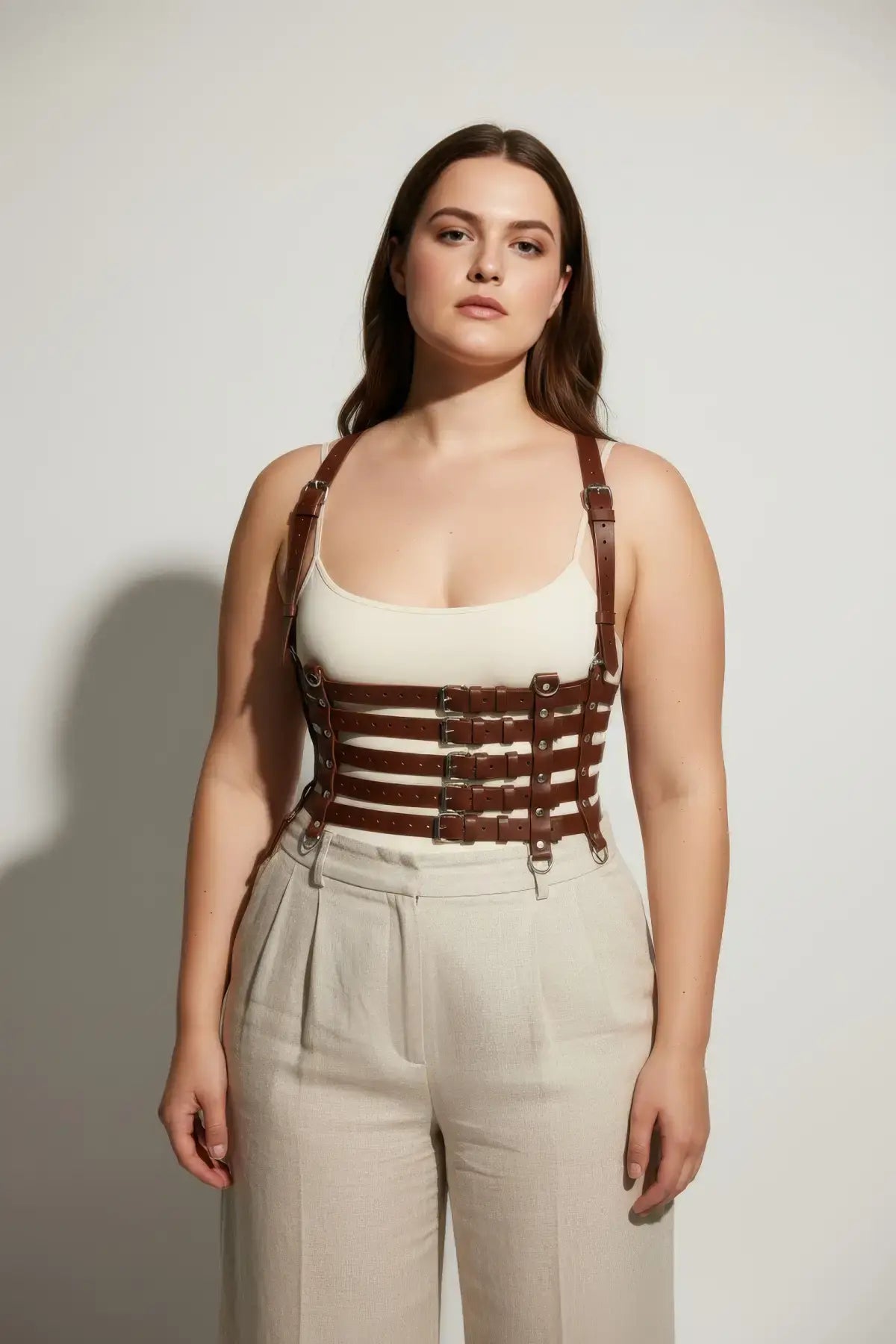 Plus Size Tan Multi-Strap Corset Body Harness in vegan leather by HarnessClub