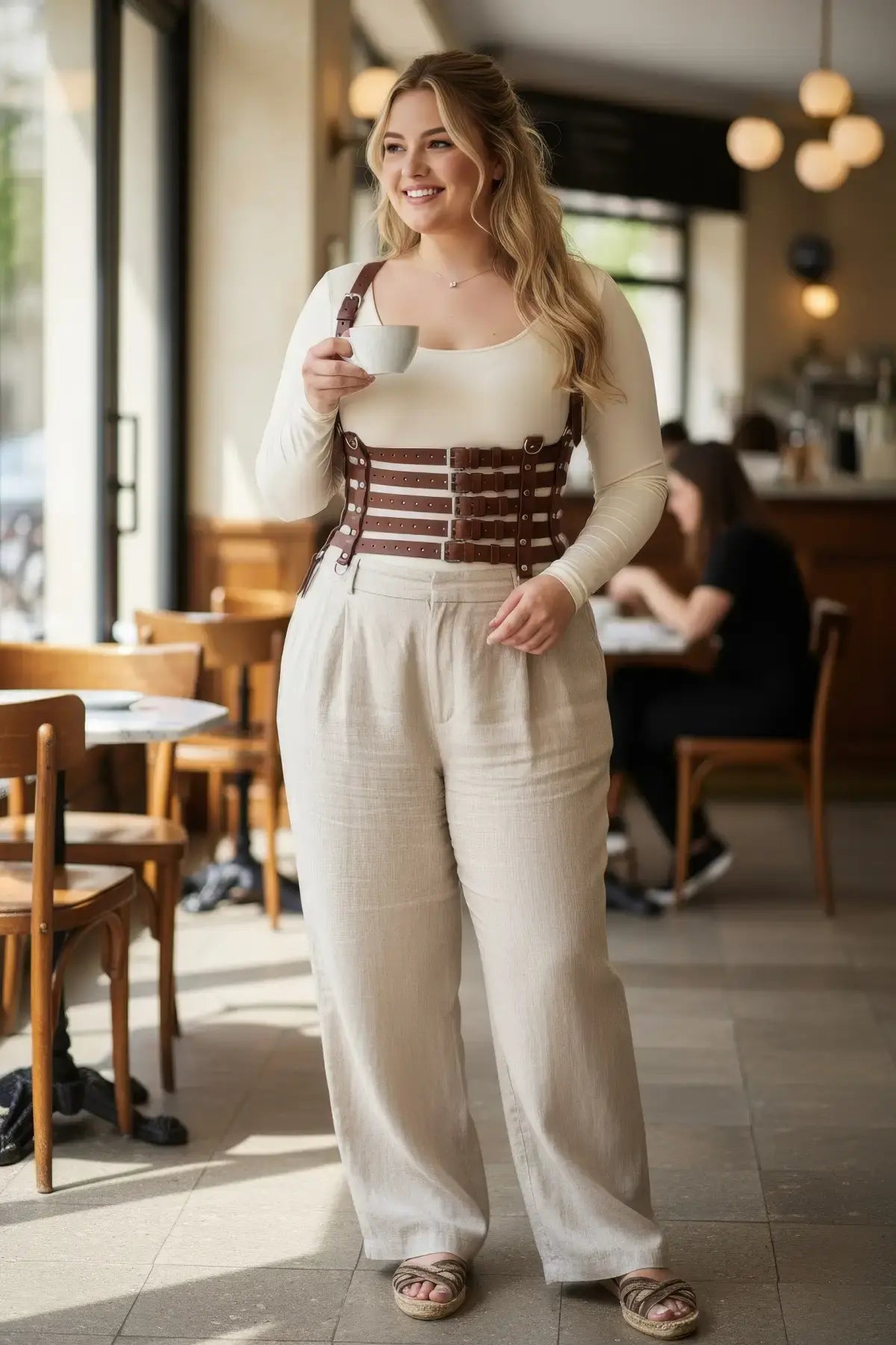 Plus-Size tan multi-strap corset body harness in vegan leather