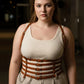 Plus-size tan multi-strap suspender corset harness with chain detail, vegan leather body accessory