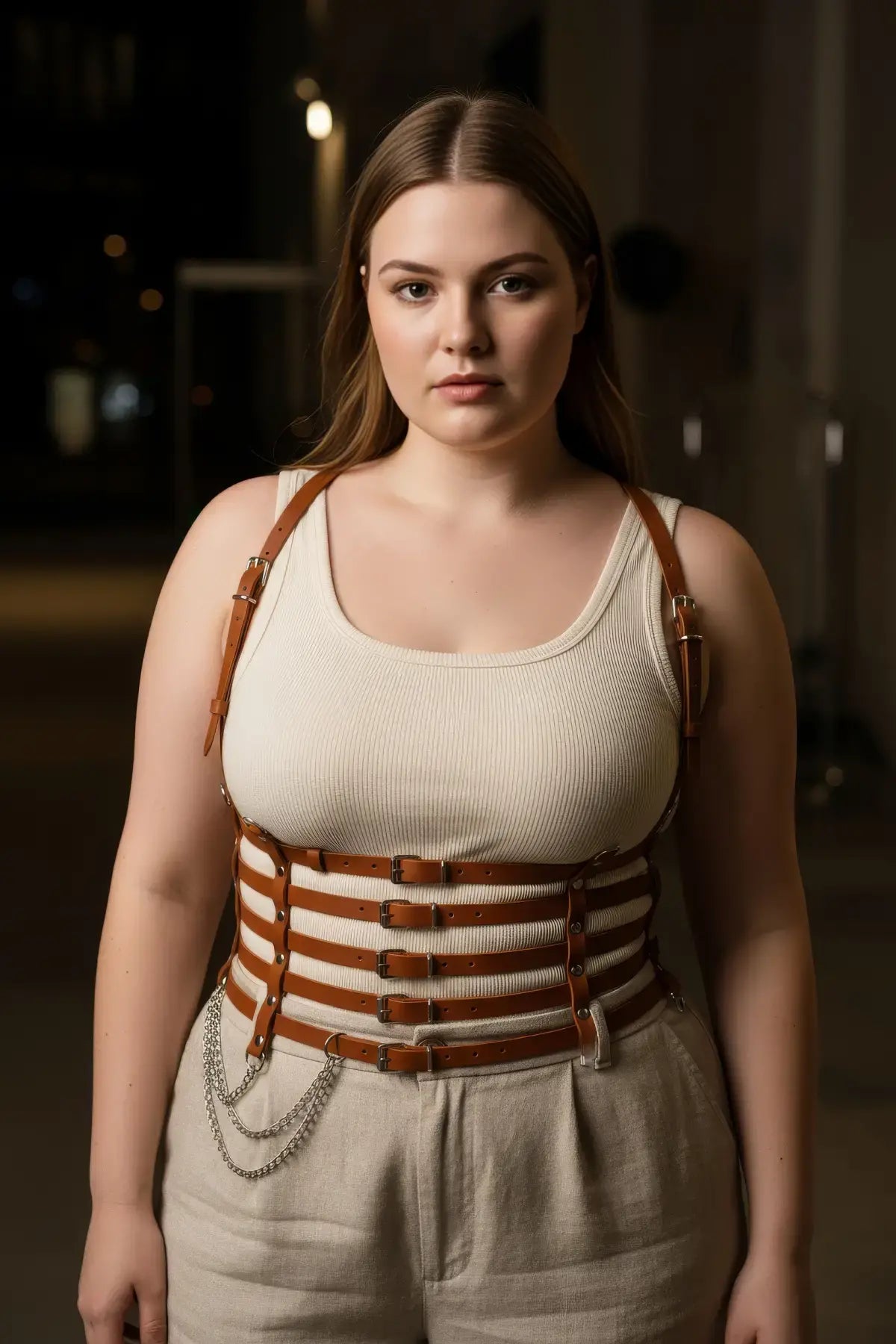 Plus-size tan multi-strap suspender corset harness with chain detail, vegan leather body accessory
