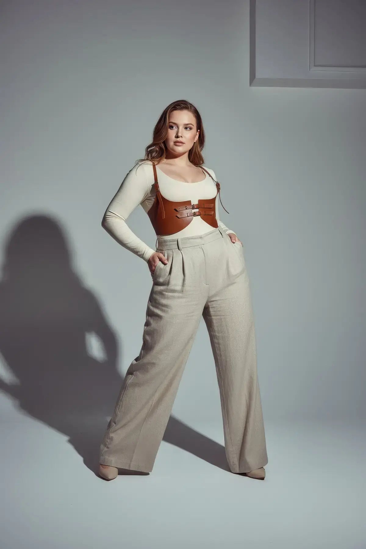 Plus-Size Tan Shoulder-Strap Corset Harness by HarnessClub, vegan leather under-bust waist piece
