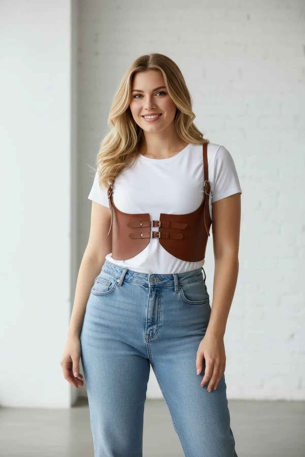 Plus-size tan vegan-leather under-bust corset harness with shoulder straps worn over a white tee