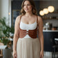 Plus-Size Tan vegan leather shoulder-strap corset harness; under-bust waist piece with front buckles
