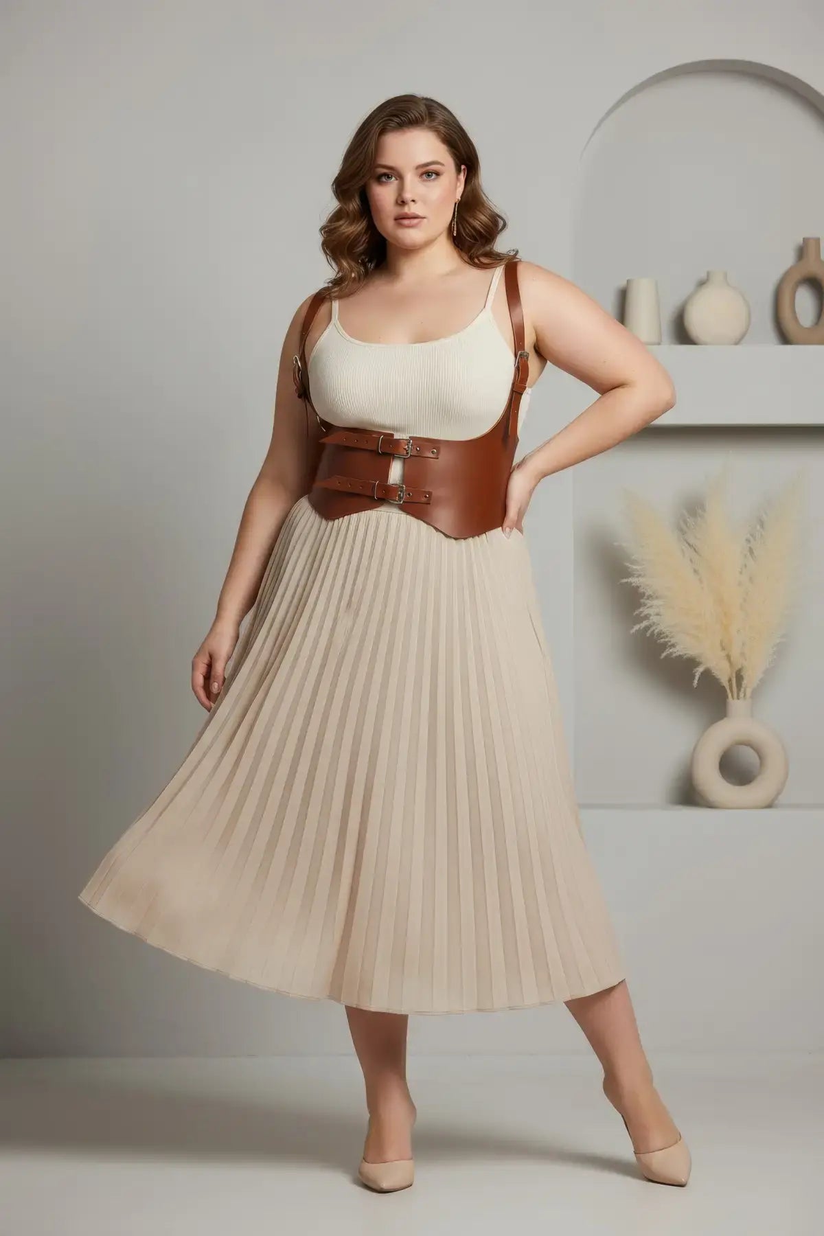 Plus-size tan shoulder-strap corset vest with vegan leather double-buckle waist harness