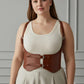 Plus Size Tan shoulder-strap corset vest in vegan leather with double-buckle waist harness