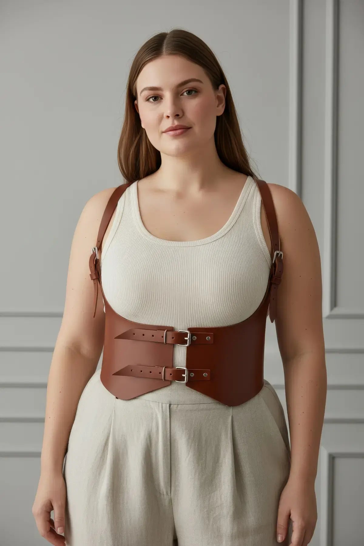 Plus Size Tan shoulder-strap corset vest in vegan leather with double-buckle waist harness