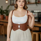 Plus-size tan vegan leather corset vest with shoulder straps and double-buckle waist harness by HarnessClub