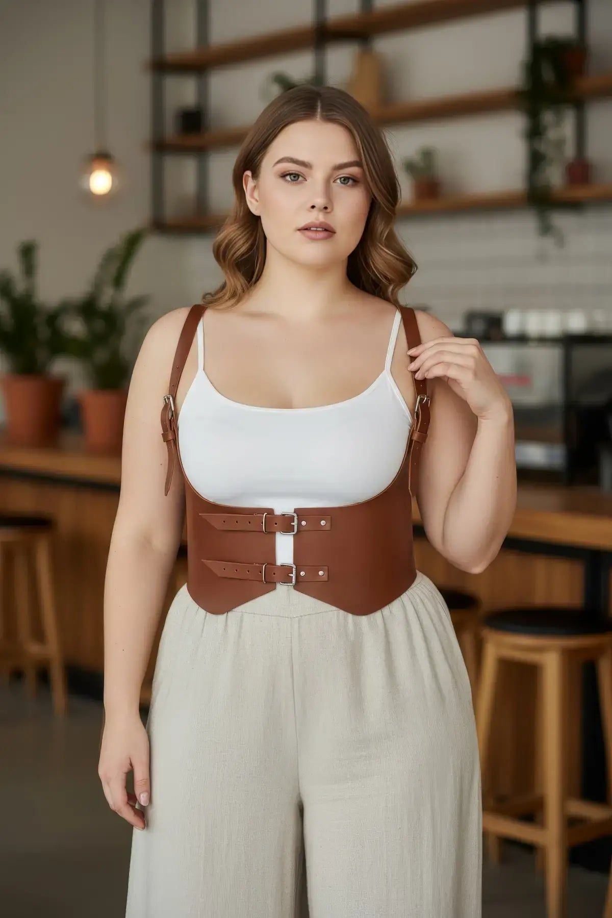 Plus-size tan vegan leather corset vest with shoulder straps and double-buckle waist harness by HarnessClub