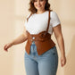 Plus-size tan vegan leather shoulder-strap harness vest with double buckles and peplum waist cincher by HarnessClub